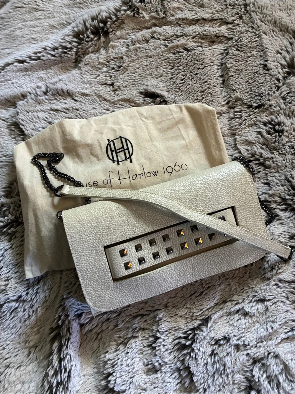 House of Harlow 1960 Cream Leather Studded Wristlet Clutch